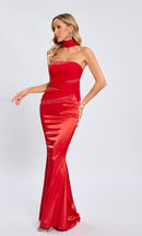 Daeira Strapless Crystal Draped Maxi Dress In Red