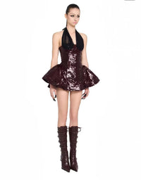 Laldris Halter Sequin Corset Mini Dress In Burgundy
