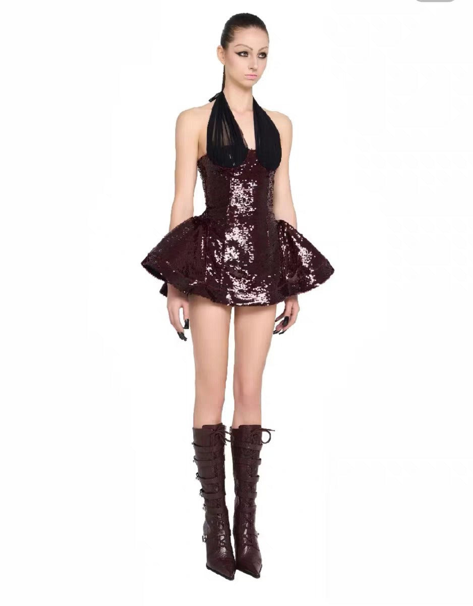 Laldris Halter Sequin Corset Mini Dress In Burgundy