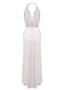 Cevina Plunge Neck Lace Split Maxi Dress