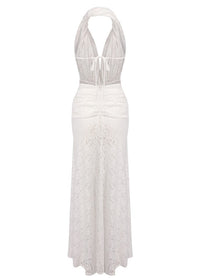 Cevina Plunge Neck Lace Split Maxi Dress