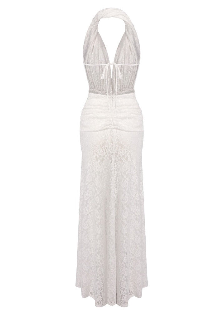 Cevina Plunge Neck Lace Split Maxi Dress