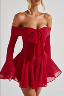 Jancis Long Sleeve Bardot A Line Dress In Red