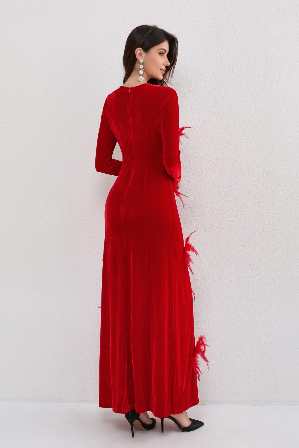 Ruzevich 3D Feather Flower Velvet Maxi Dress In Red