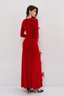 Ruzevich 3D Feather Flower Velvet Maxi Dress In Red