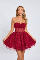 Osorio Strapless Floral Corset A Line Mini Dress In Red