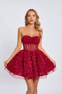 Osorio Strapless Floral Corset A Line Mini Dress In Red