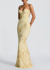 Dichen Yellow Floral Appliqué Corset Maxi Dress