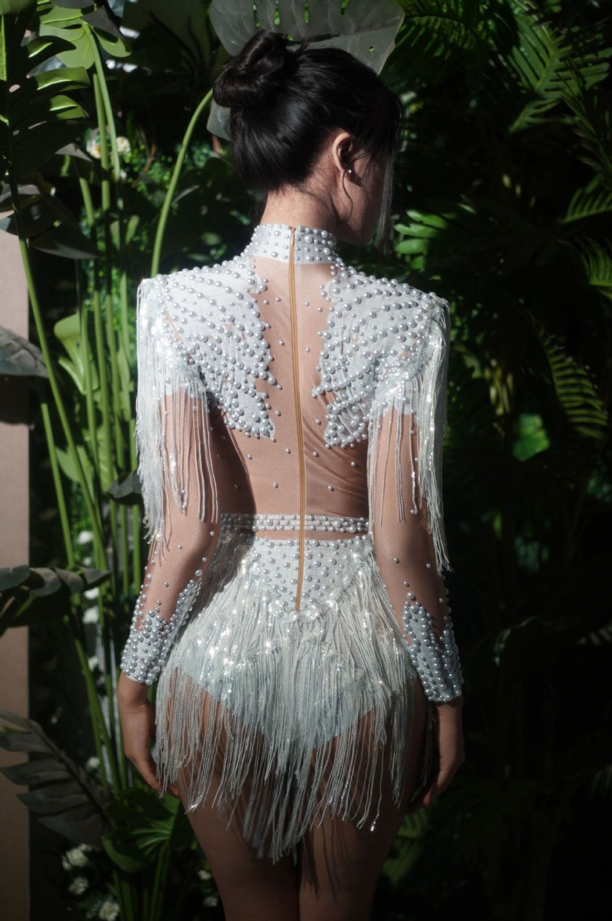 Paniz Rhinestone Fringe Bodysuit In Silver