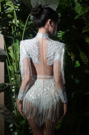 Paniz Rhinestone Fringe Bodysuit In Silver
