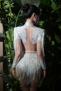 Paniz Rhinestone Fringe Bodysuit In Silver