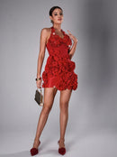 Pryssa Halter Crystal Floral Mini Dress In Red