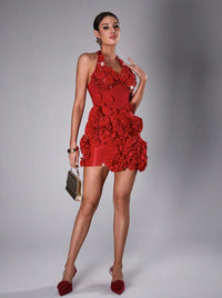 Pryssa Halter Crystal Floral Mini Dress In Red