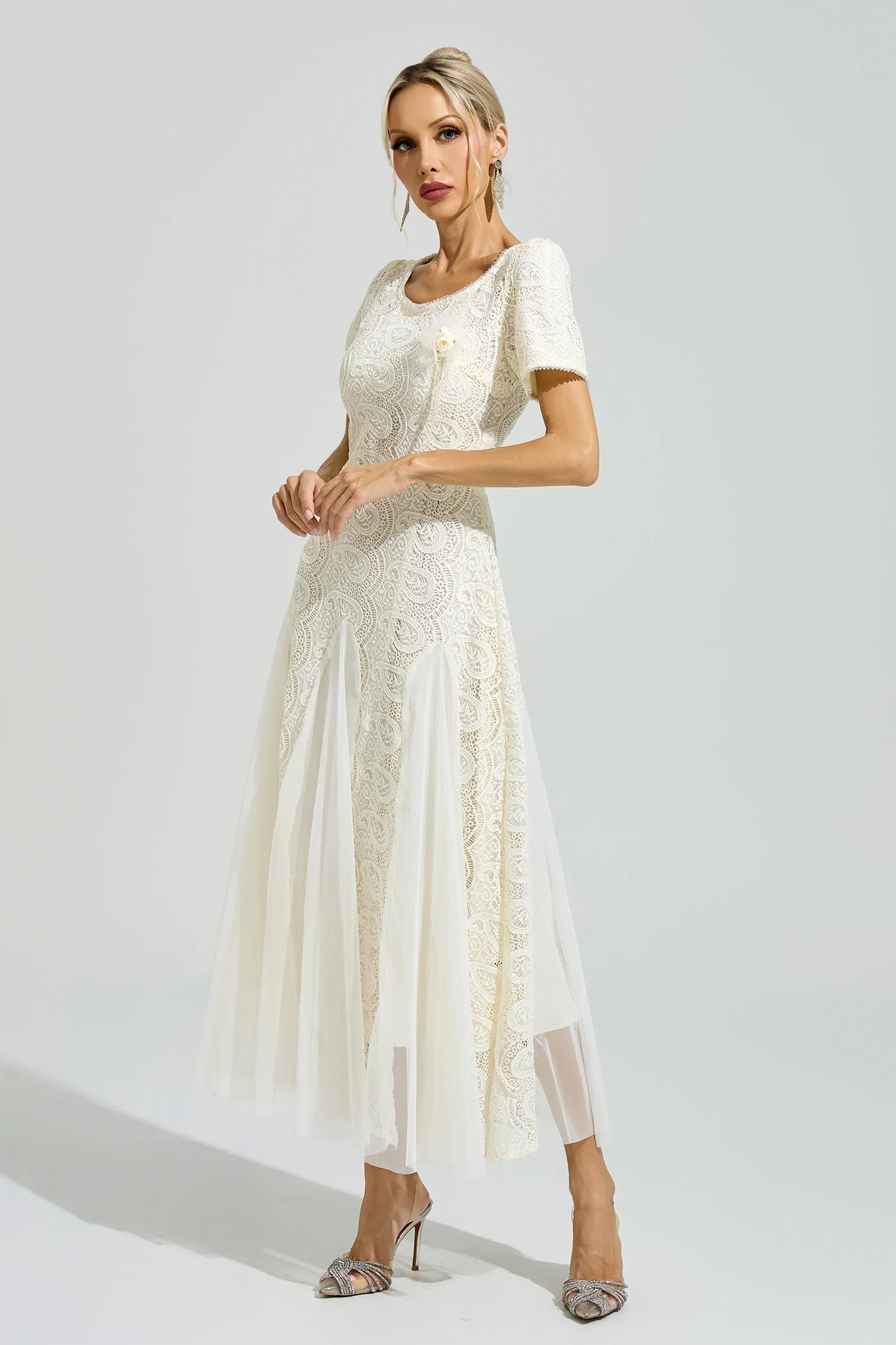 Pramix Apricot French Lace Mesh Maxi Dress