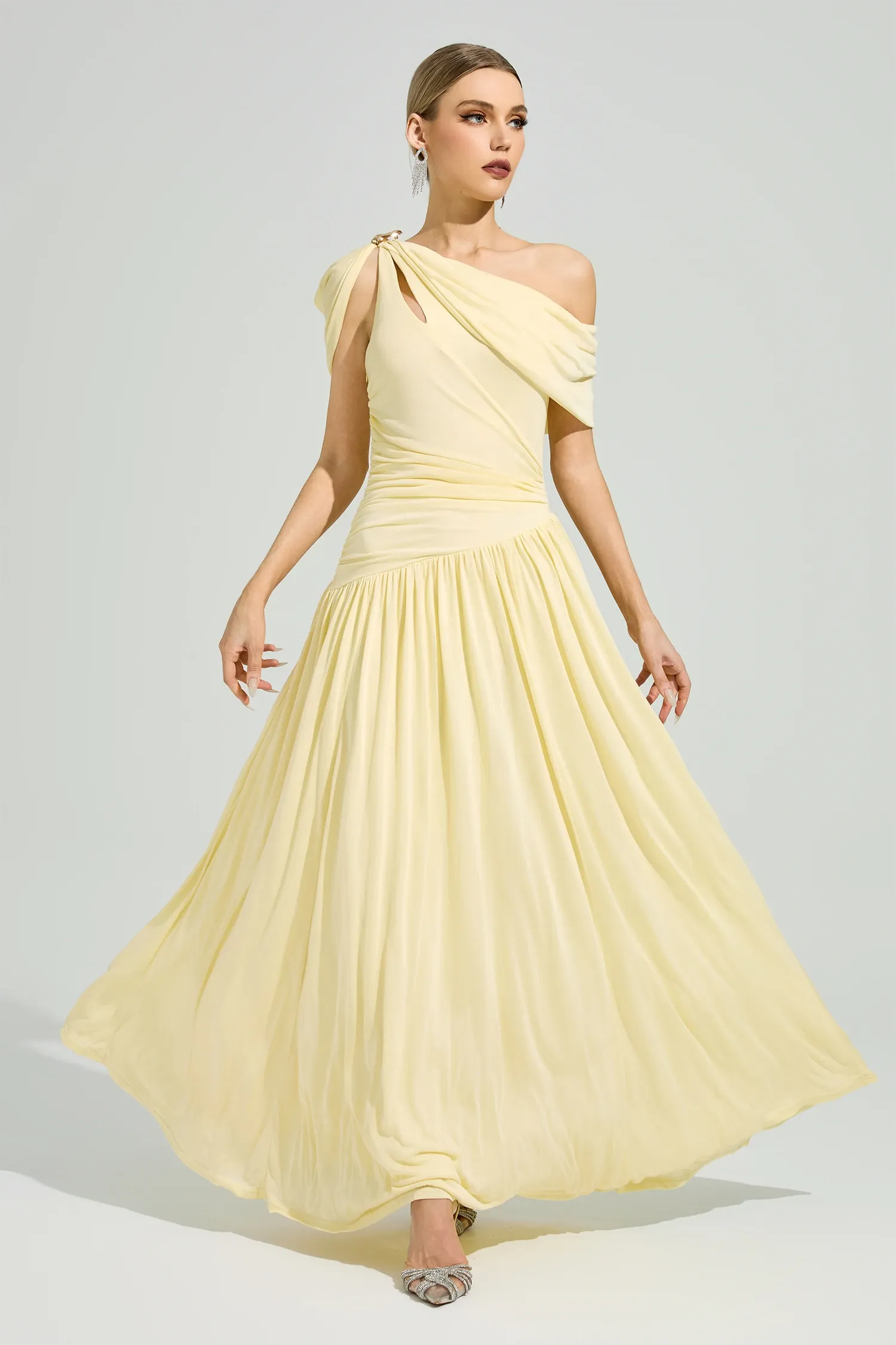Elese Yellow Asymmetrical Gathered Maxi Dress