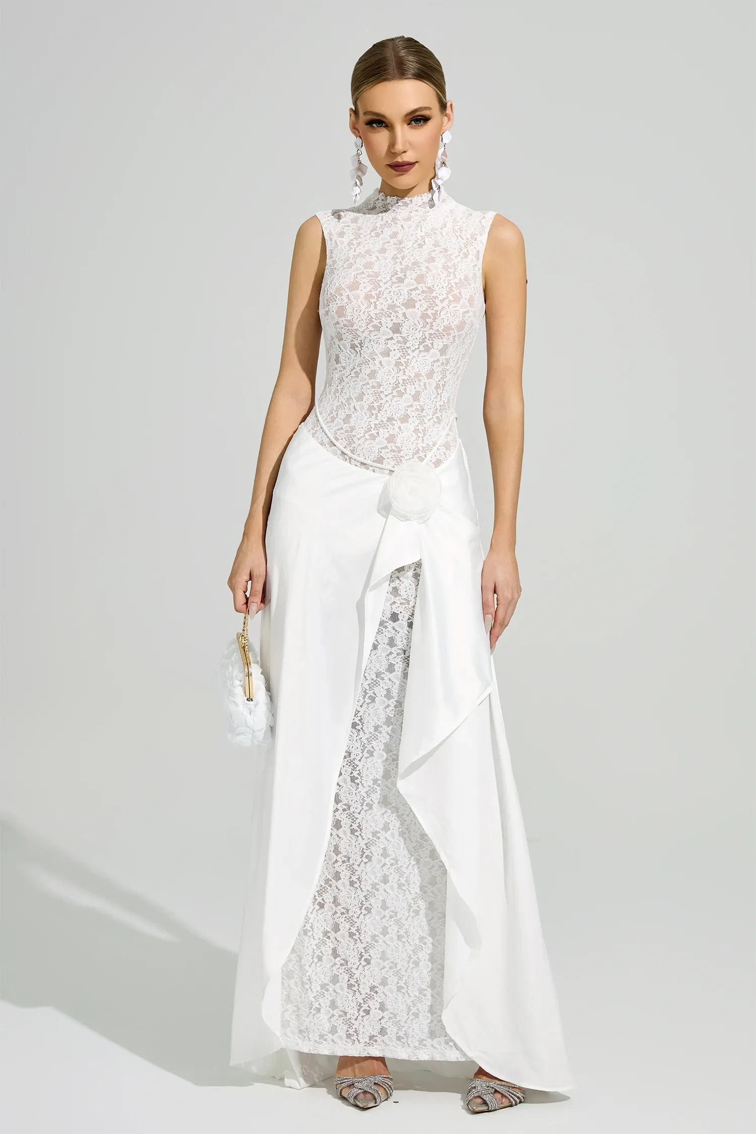 Velyxra Lace Floral Detail Maxi Dress In White