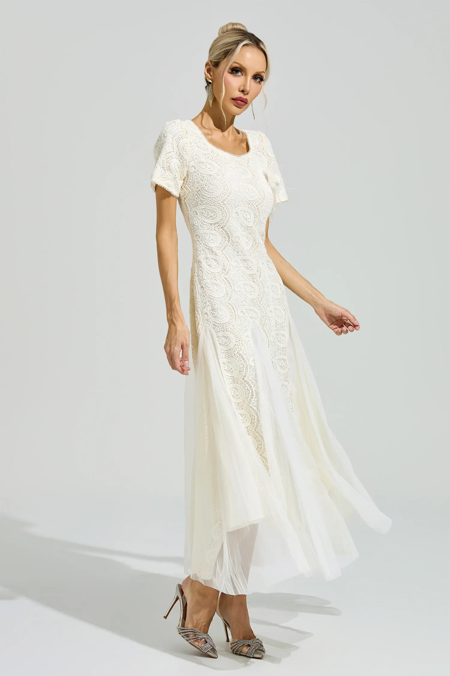 Pramix Apricot French Lace Mesh Maxi Dress