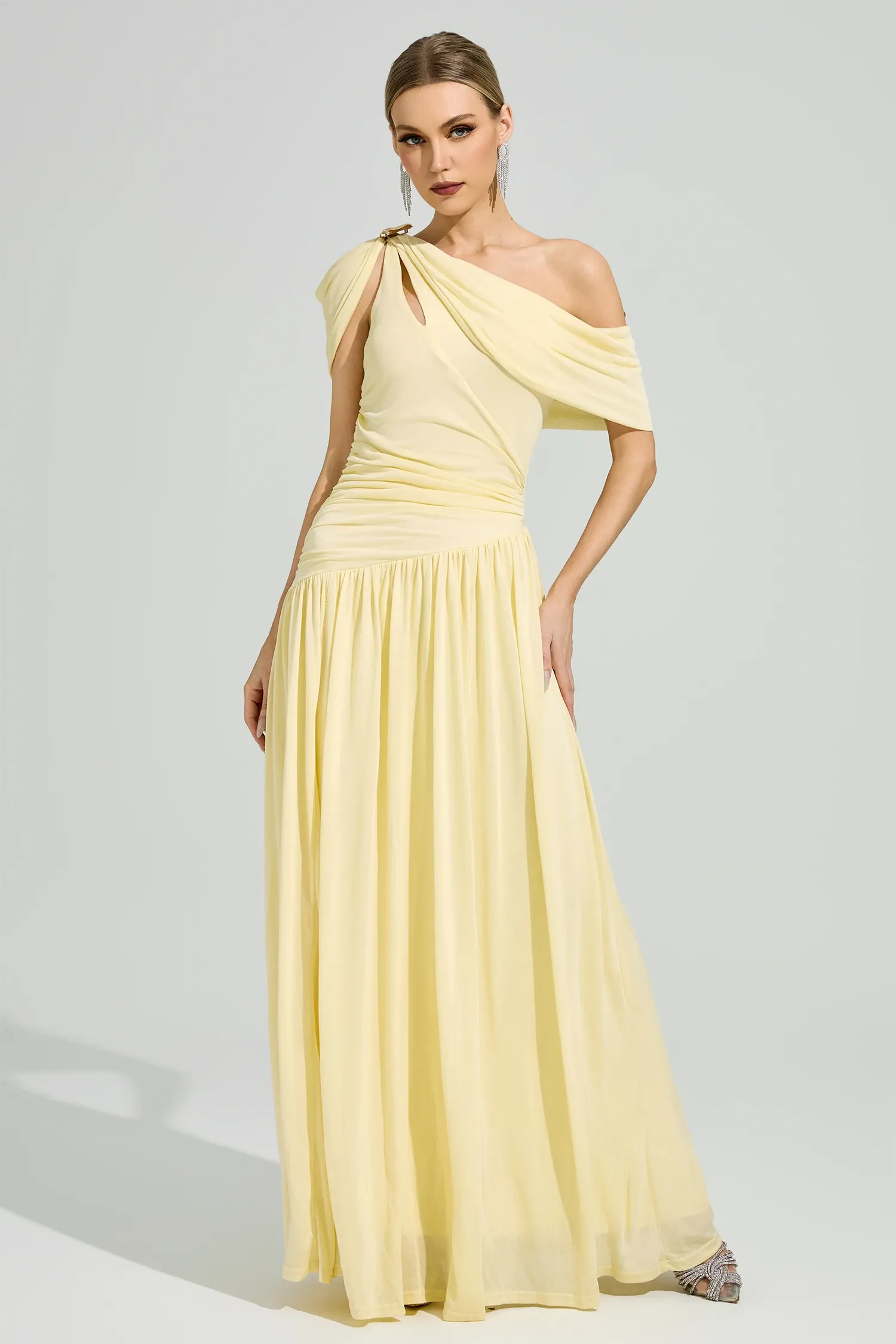 Elese Yellow Asymmetrical Gathered Maxi Dress