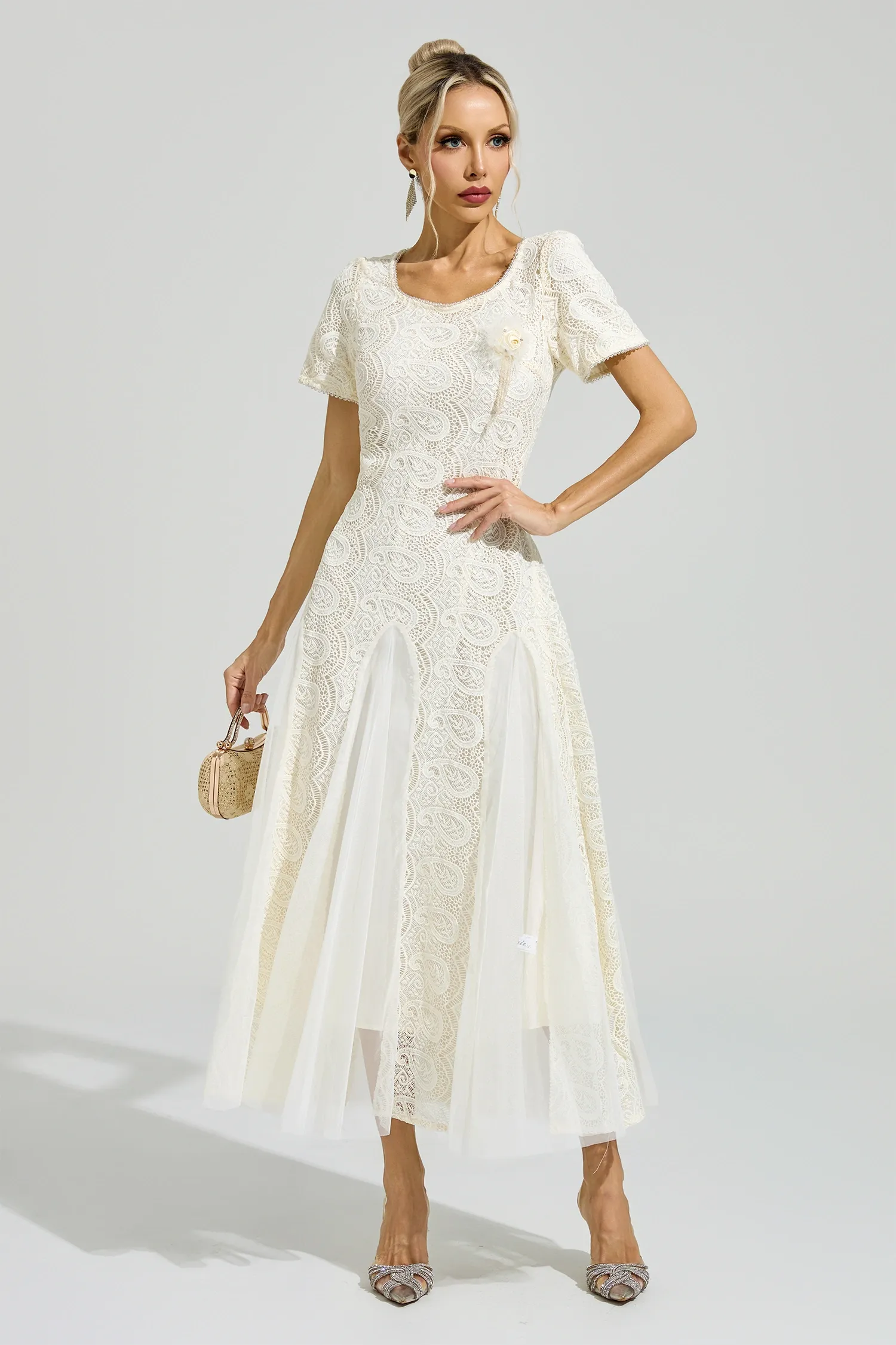 Pramix Apricot French Lace Mesh Maxi Dress