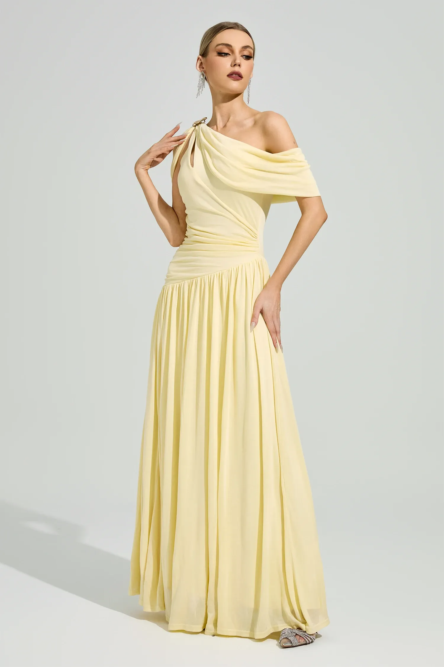 Elese Yellow Asymmetrical Gathered Maxi Dress