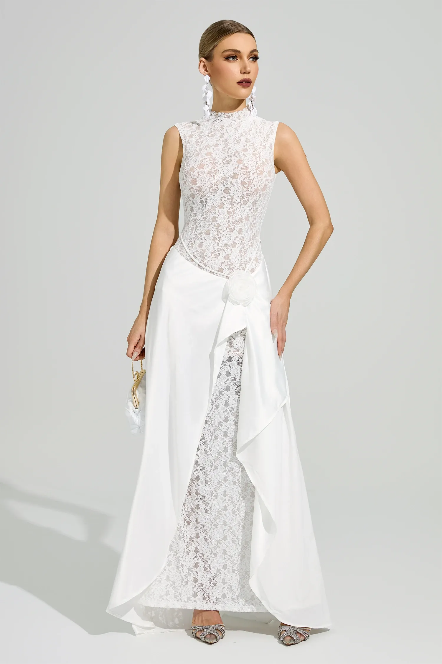 Velyxra Lace Floral Detail Maxi Dress In White