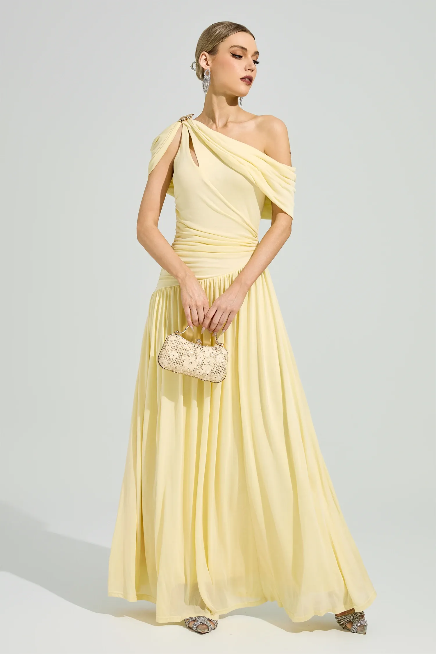 Elese Yellow Asymmetrical Gathered Maxi Dress