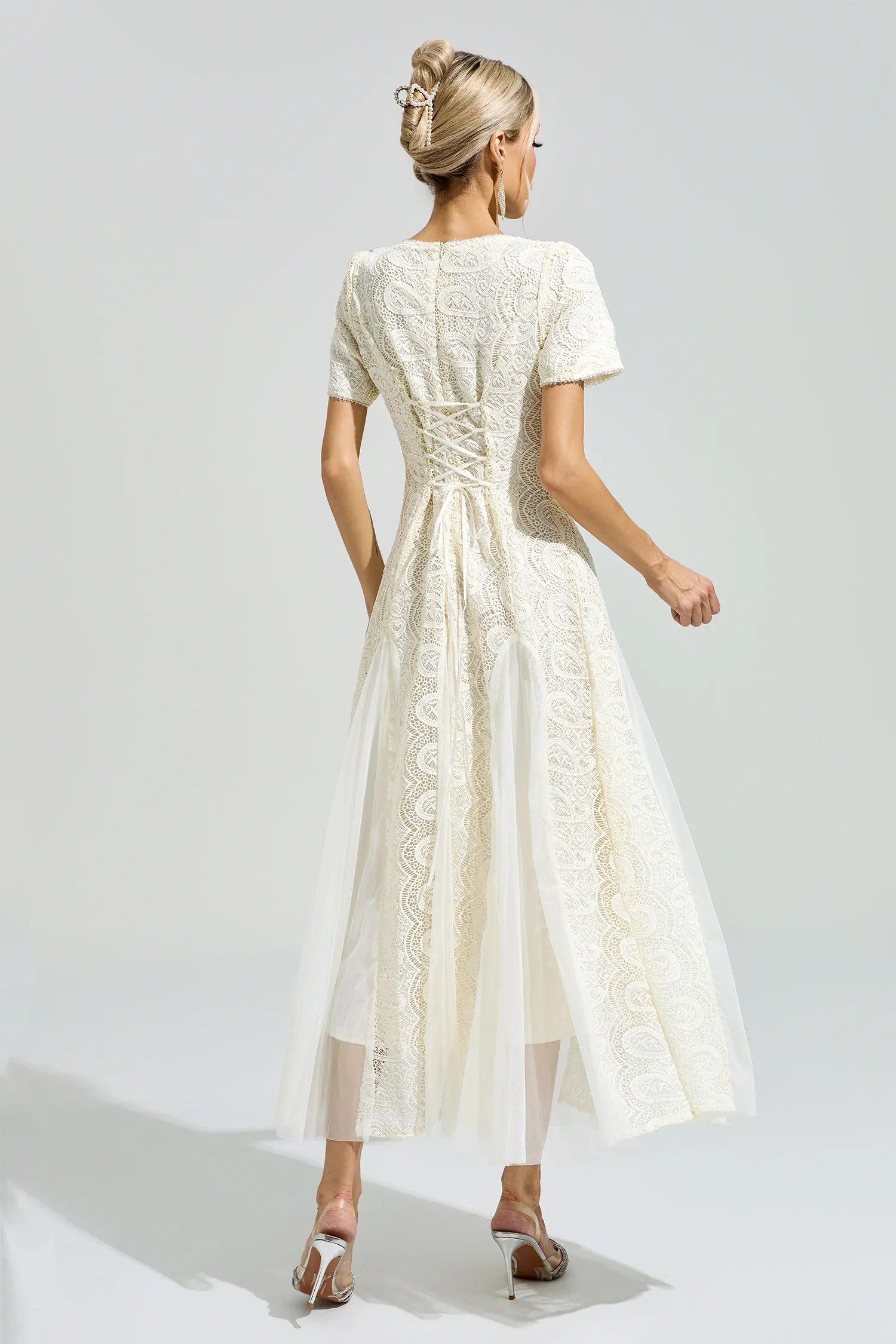 Pramix Apricot French Lace Mesh Maxi Dress