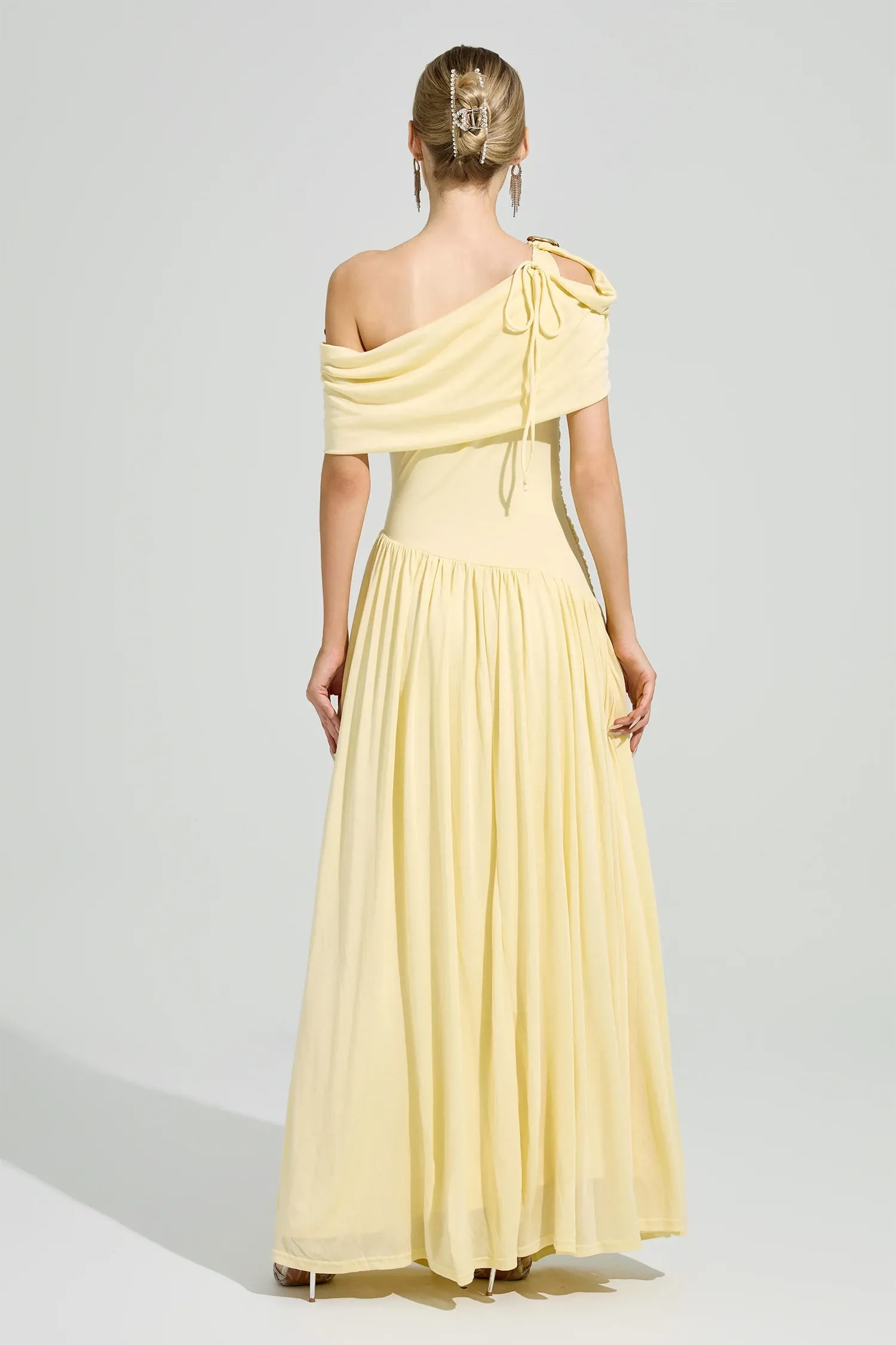 Elese Yellow Asymmetrical Gathered Maxi Dress
