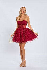 Osorio Strapless Floral Corset A Line Mini Dress In Red