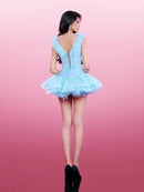 Vestra Mesh Lace Puffy Mini Dress In Blue