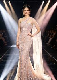 Murevia White One-Shoulder Tulle and Pearl Maxi Dress
