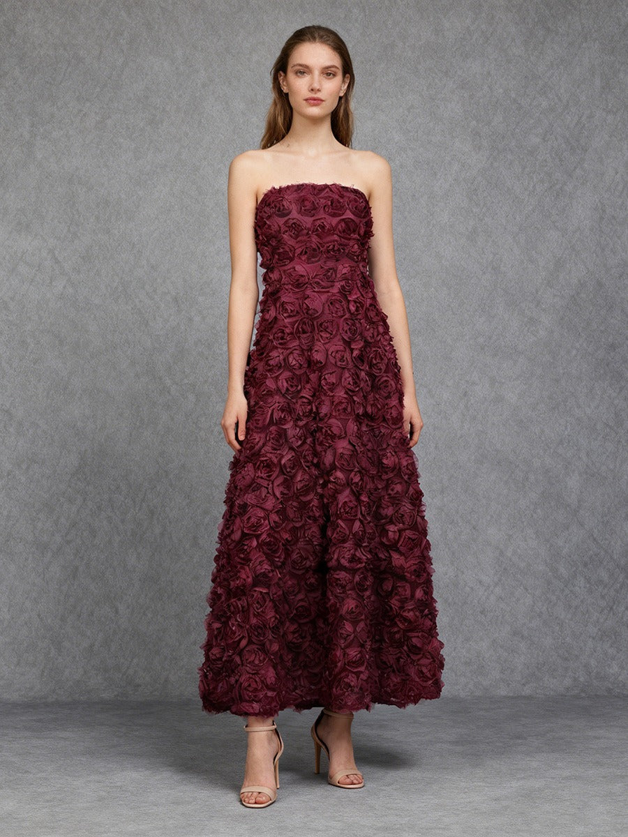 Ionocraft Strapless Floral A Line Midi Dress In Red