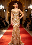 Vardune Strapless Gold-White Beaded Maxi Dress