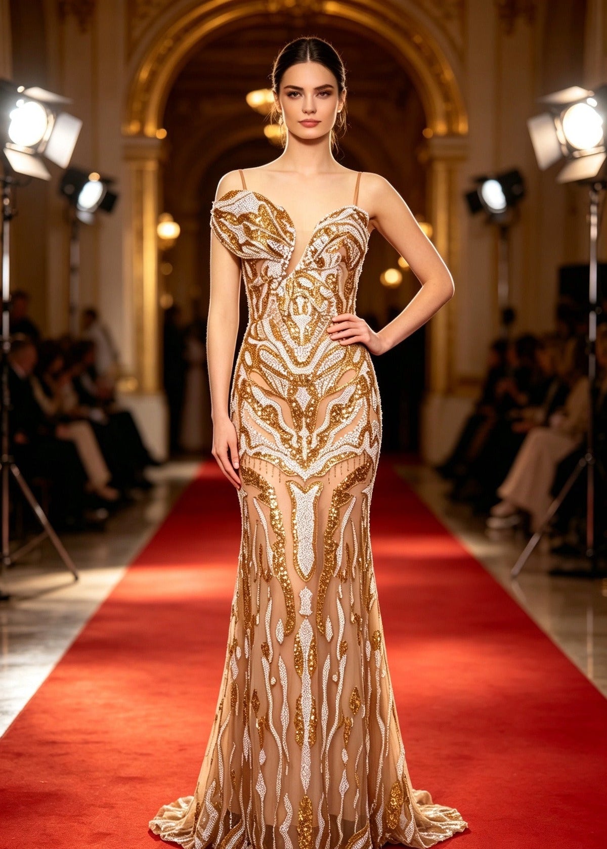 Vardune Strapless Gold-White Beaded Maxi Dress