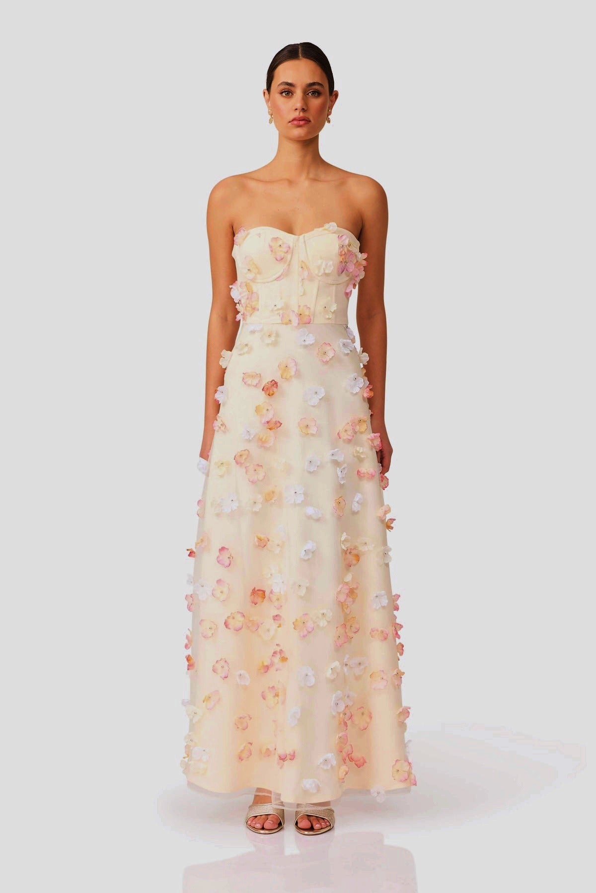 Marija Strapless Floral Corset Maxi Dress In Ivory