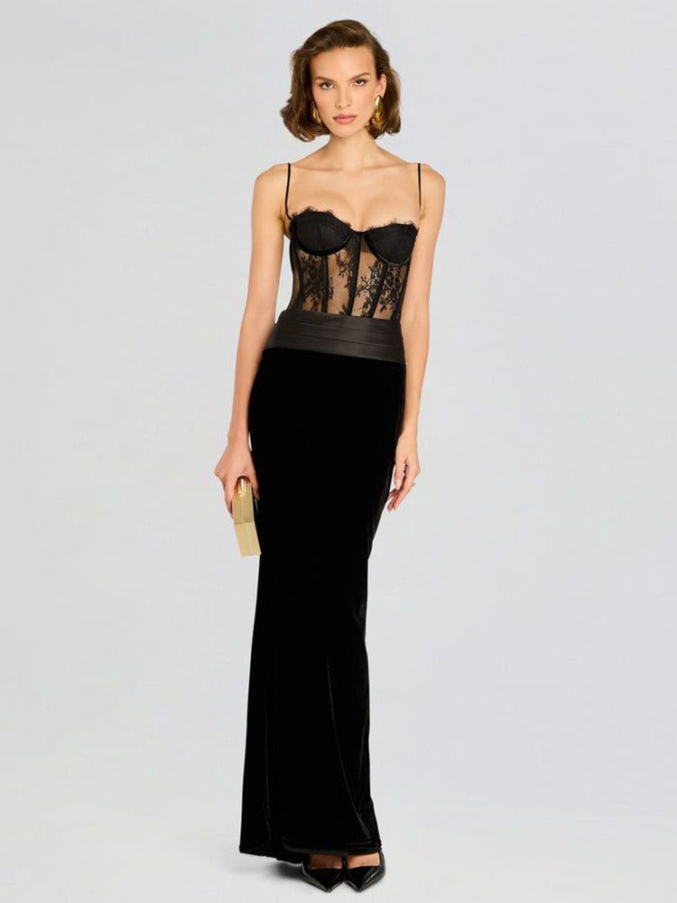 Mariela Lace Corset Maxi Velvet Dress In Black