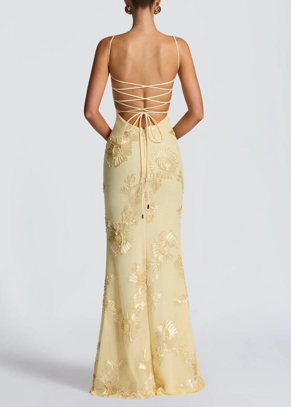 Dichen Yellow Floral Appliqué Corset Maxi Dress