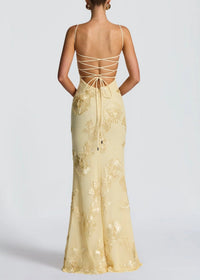 Dichen Yellow Floral Appliqué Corset Maxi Dress