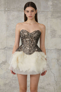 Xyrona Strapless Lace Corset Ruffle Two Piece Mini Dress