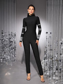 Tracie Crystal Embellished Turtleneck Jumpsuit
