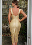 Beyza Plunge Mesh Bandage Midi Dress In Gold