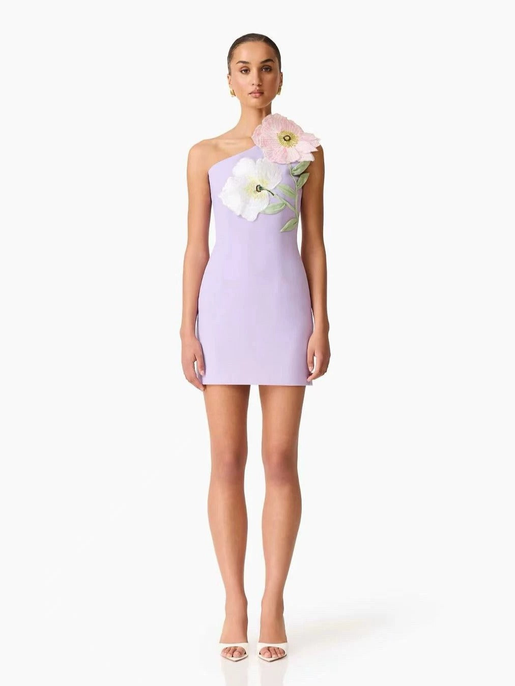 Destaing Floral Appliqué One Shoulder Mini Dress In Purple