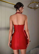 Pryssa Halter Crystal Floral Mini Dress In Red