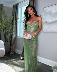 Kaelyra Strapless Crystal Bustier Sparkly Maxi Dress In Green