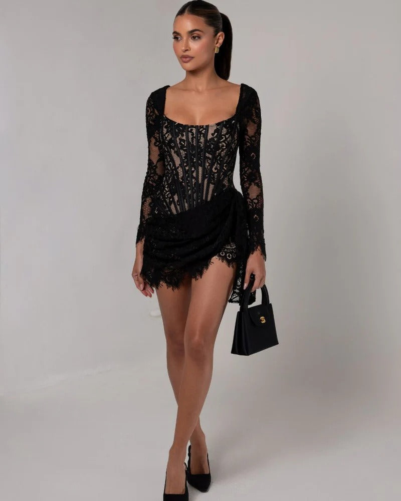 Taldrex Long Sleeve Lace Insert Corset Mini Dress In Black