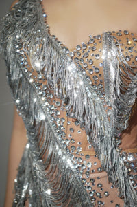 Fumidor One Shoulder Crystal Chain Fringe Mini Dress