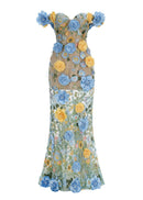Jorelle Floral Jasmine Off the Shoulder Blue Multi Maxi Dress