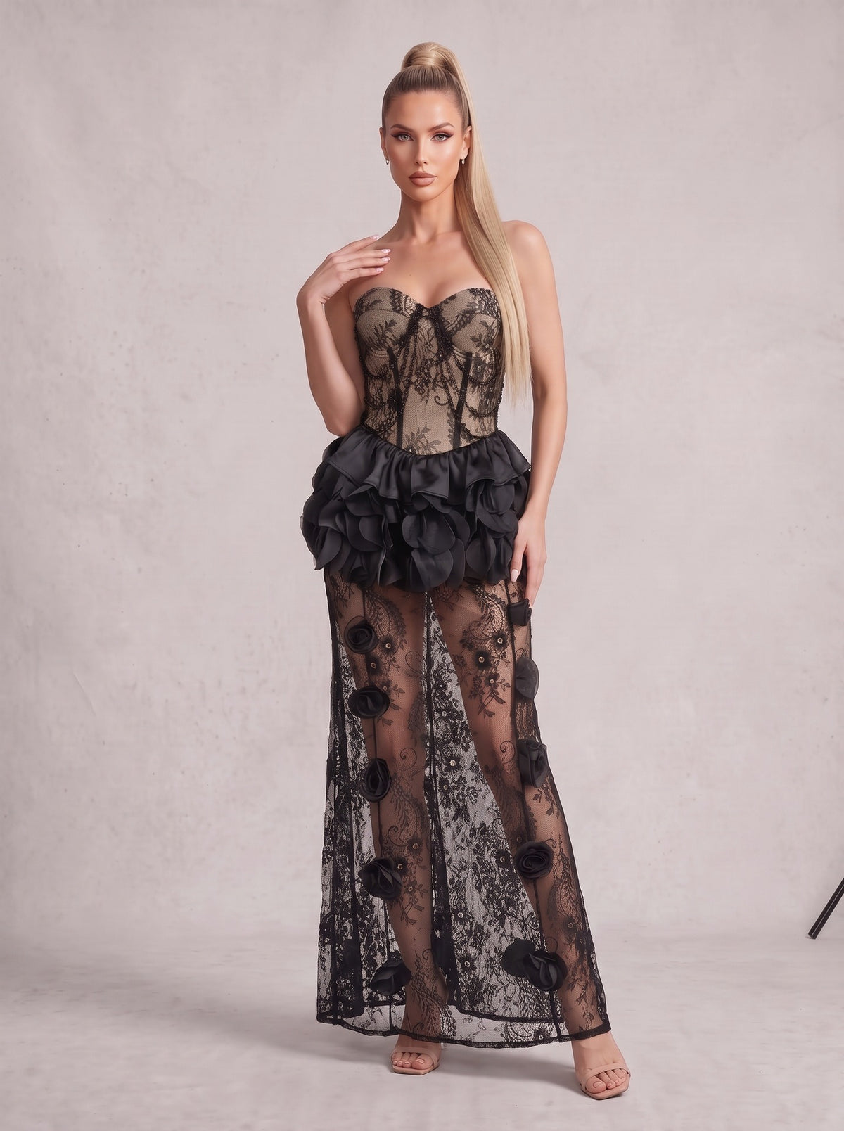 Cindrel Strapless Lace Ruffle Maxi Dress
