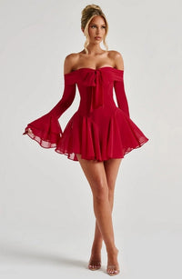 Jancis Long Sleeve Bardot A Line Dress In Red