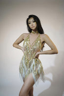Jelliton Rhinestone Fringe Mesh Mini Bodysuit In Gold